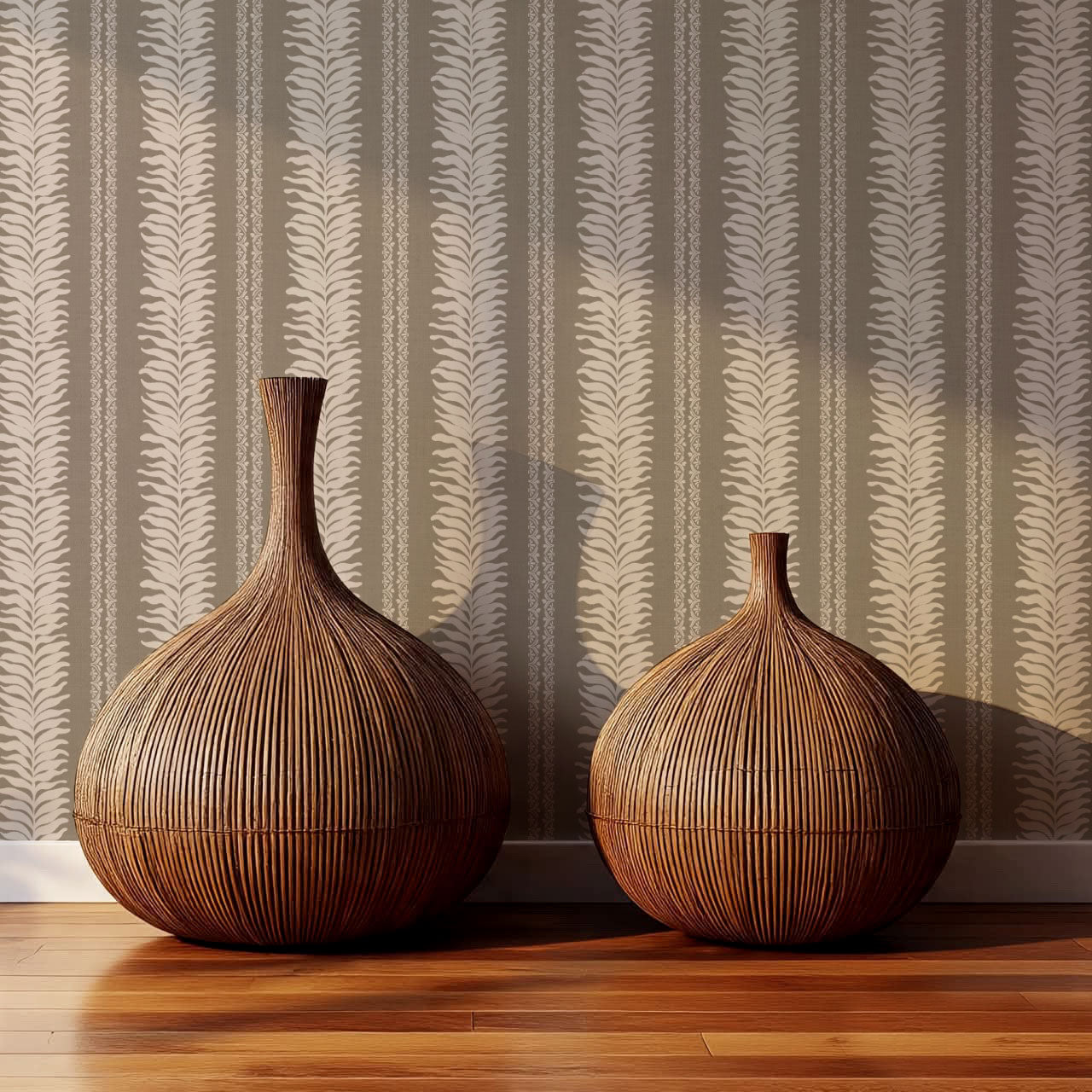 Teri Khaki Vertical Leaves Wallpaper