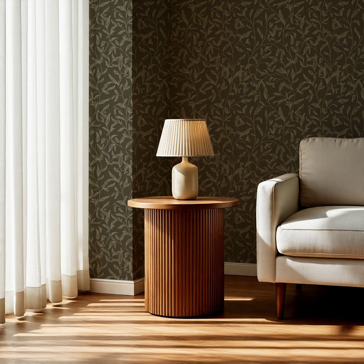Thea Botanical Vines Deep Olive Wallpaper