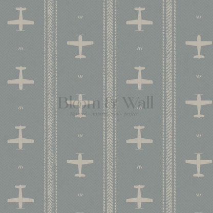Theodore Vintage Planes Gray Blue Wallpaper