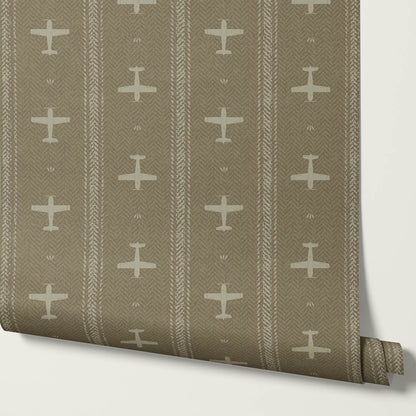 Theodore Vintage Planes Bayleaf Wallpaper