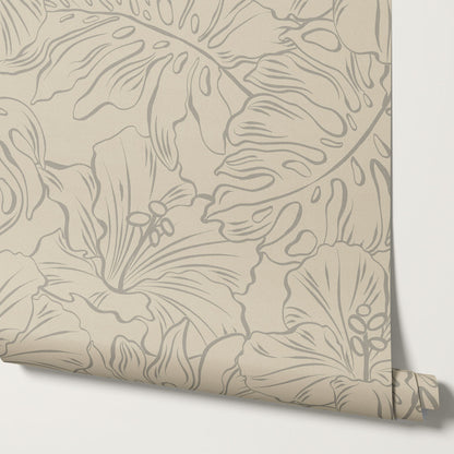 Tiana Large Monstera Beige Gray Wallpaper