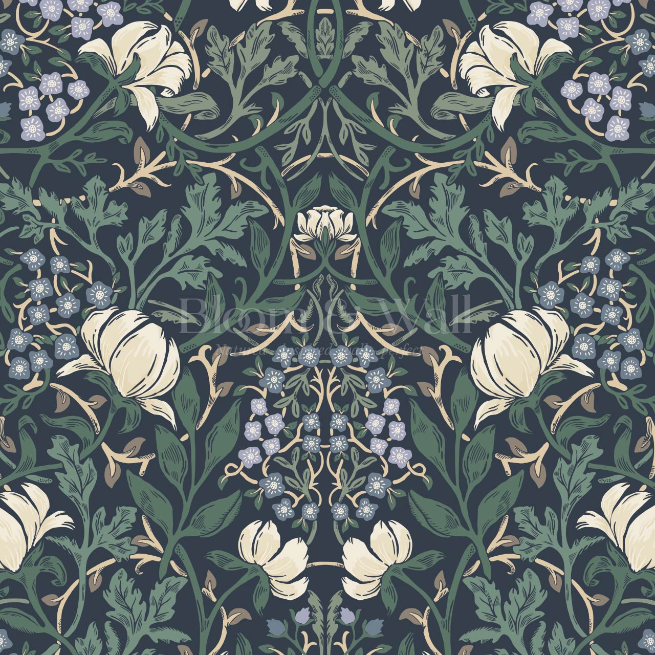 Tiphaine Vintage Twining Blooms Navy Green Wallpaper