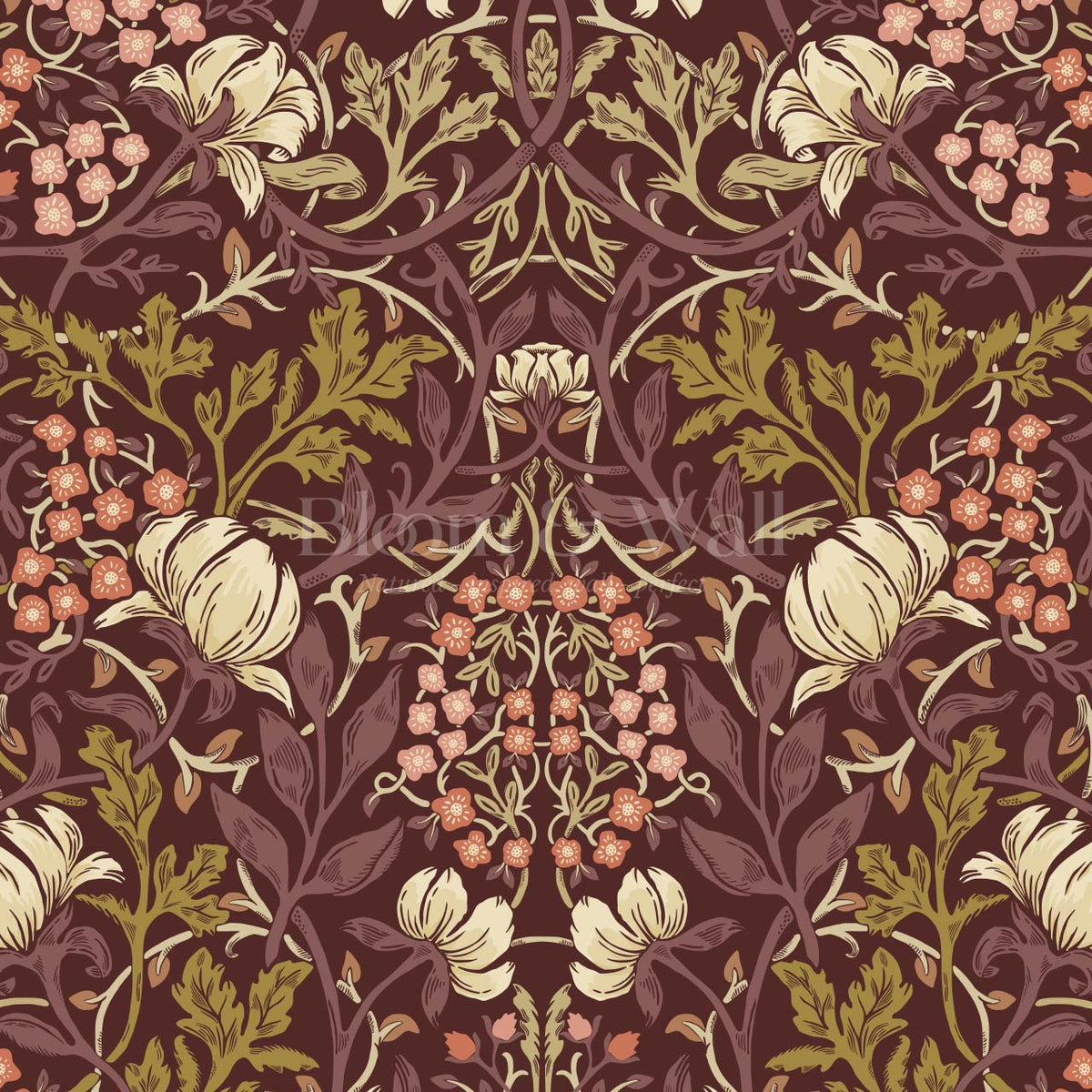 Tiphaine Vintage Twining Blooms Burgundy Coral Wallpaper