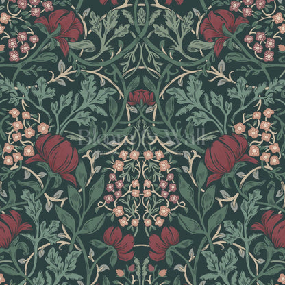 Tiphaine Vintage Twining Blooms Green Red Wallpaper