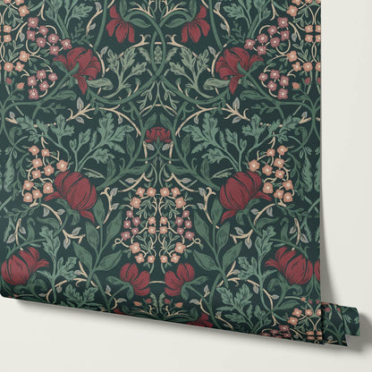 Tiphaine Vintage Twining Blooms Green Red Wallpaper