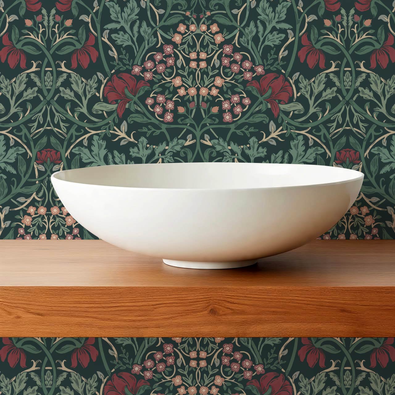 Tiphaine Vintage Twining Blooms Green Red Wallpaper