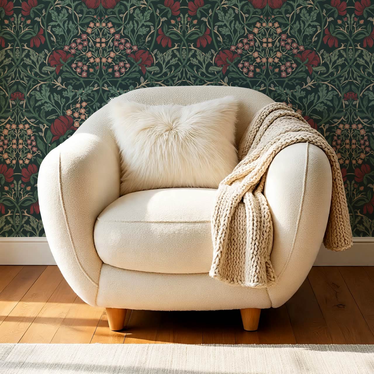 Tiphaine Vintage Twining Blooms Green Red Wallpaper