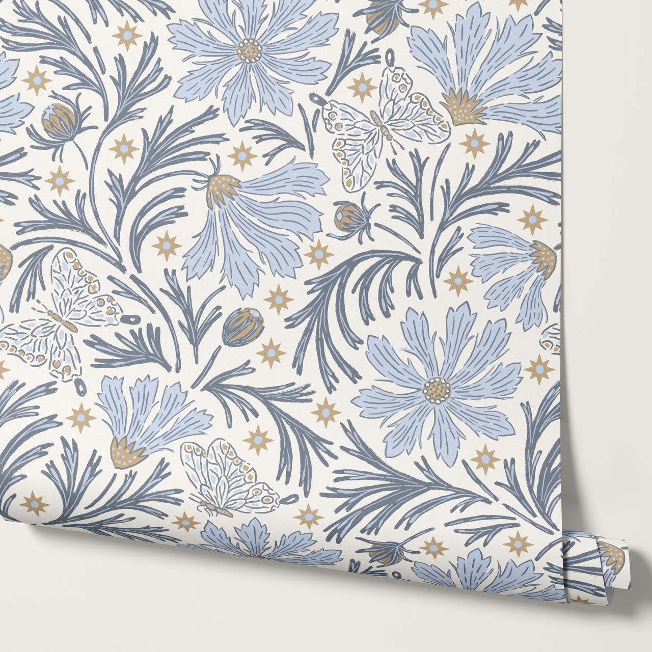 Titi Cosmos and Stars Sky Blue Cream Wallpaper