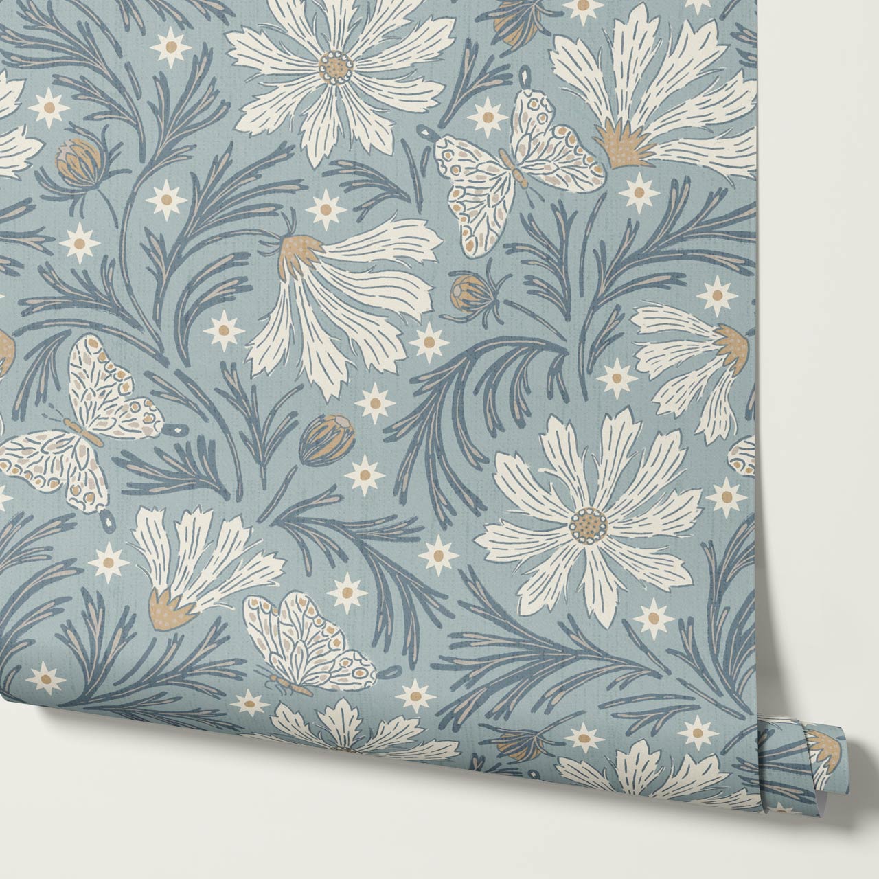 Titi Cosmos and Stars Slate Blue Cream Wallpaper