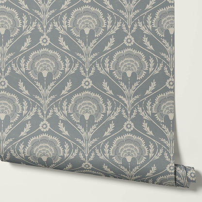 Tomasa Boho Glam Floral Damask Gray Slate Ivory Wallpaper