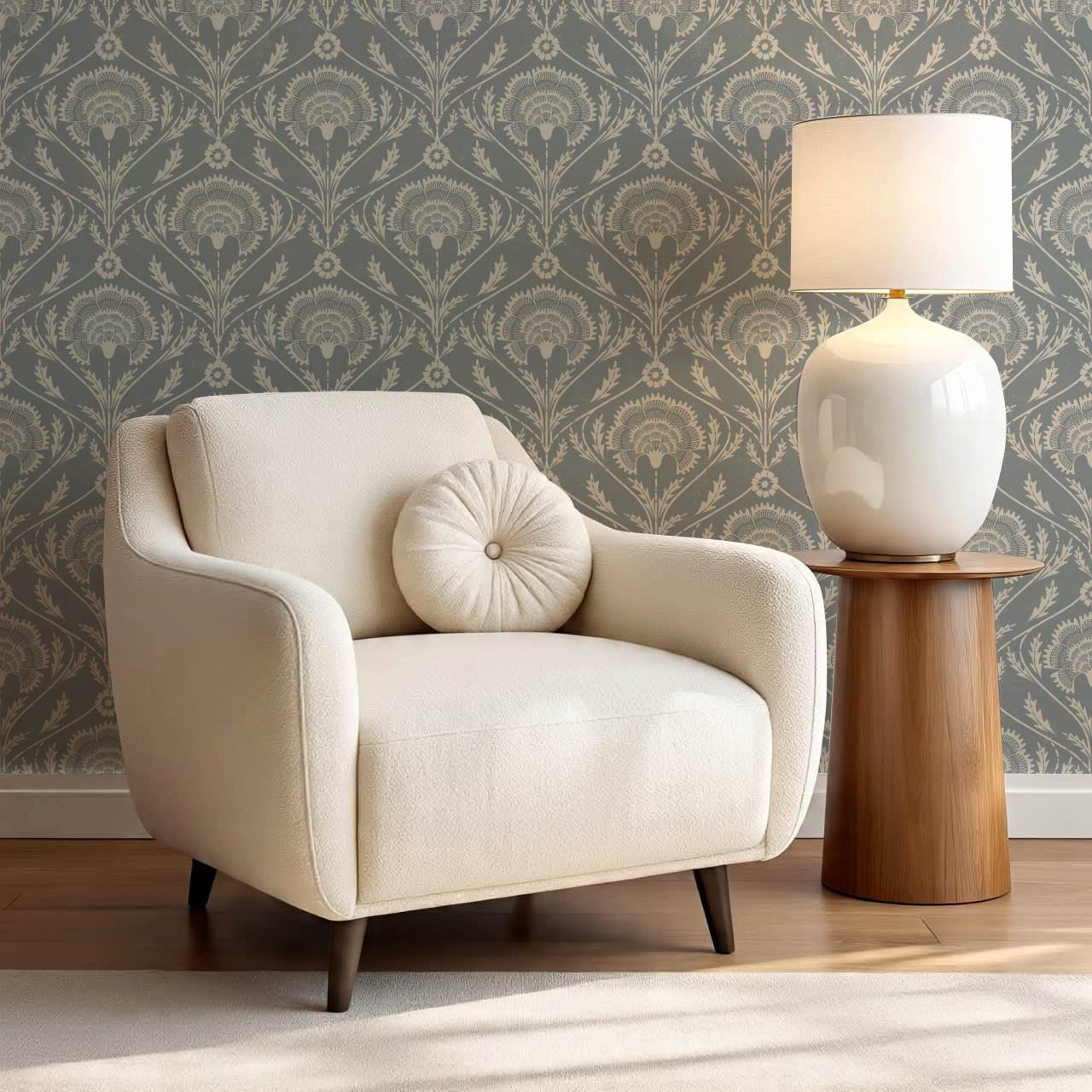 Tomasa Boho Glam Floral Damask Gray Slate Ivory Wallpaper