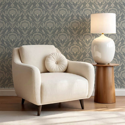 Tomasa Boho Glam Floral Damask Gray Slate Ivory Wallpaper