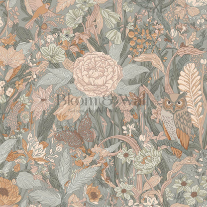 Valeria Secret Garden Gray Olive Pale Blush Wallpaper