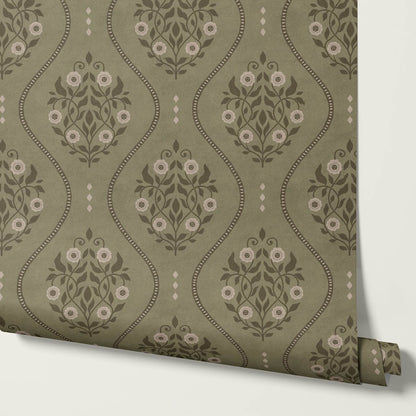 Vela Heritage Bellvine Green Olive Moss Wallpaper