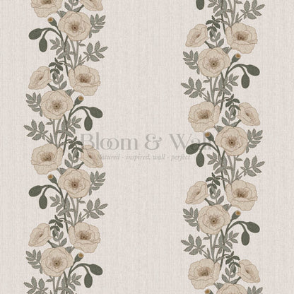 Vessa Poppy Garland Olive Green Ivory Wallpaper