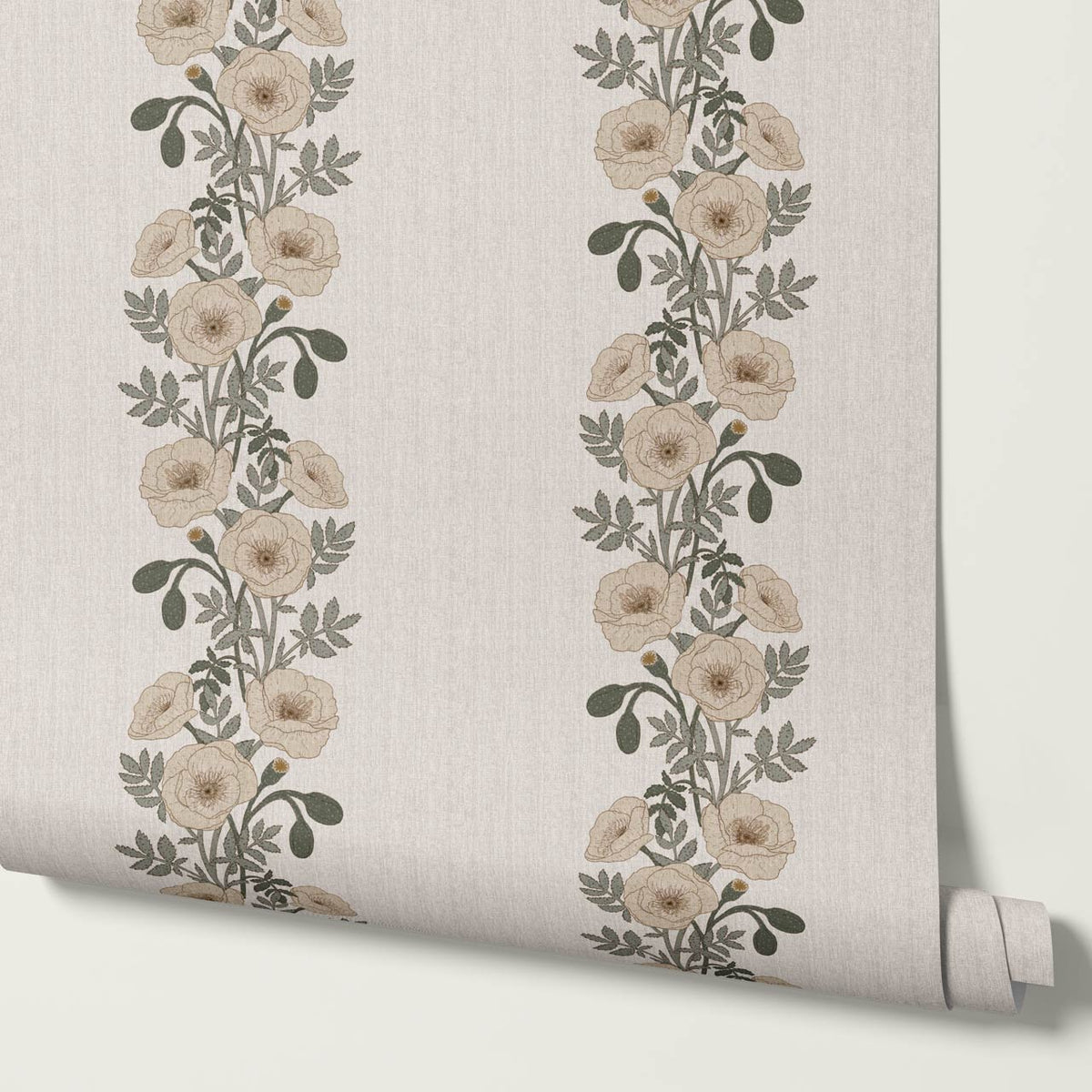 Vessa Poppy Garland Olive Green Ivory Wallpaper