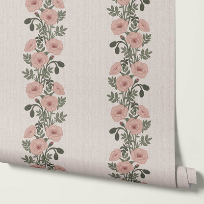 Vessa Poppy Garland Sage Blush Wallpaper