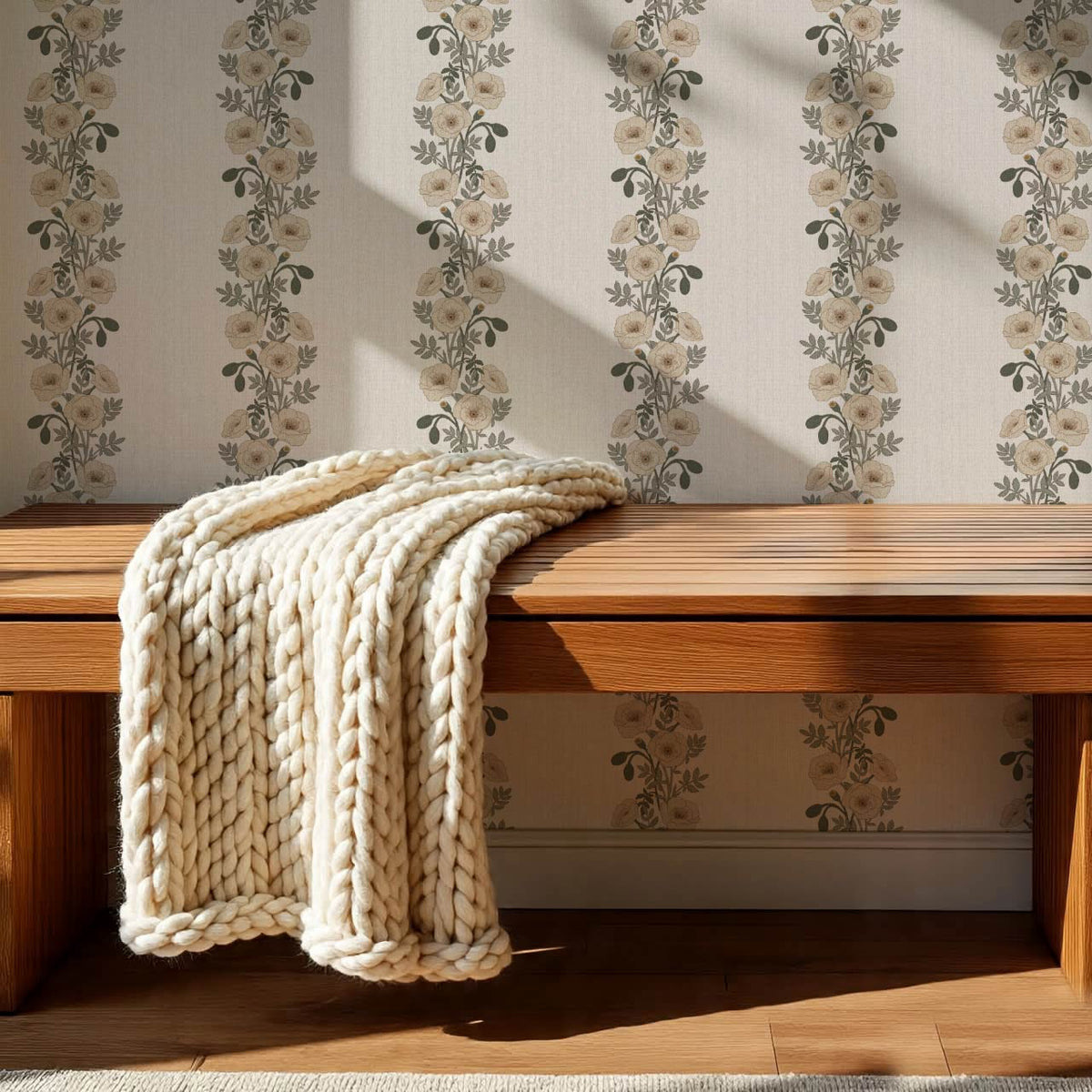 Vessa Poppy Garland Olive Green Ivory Wallpaper