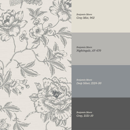 Vivienne Peony and Hydrangea Garden Gray Wallpaper