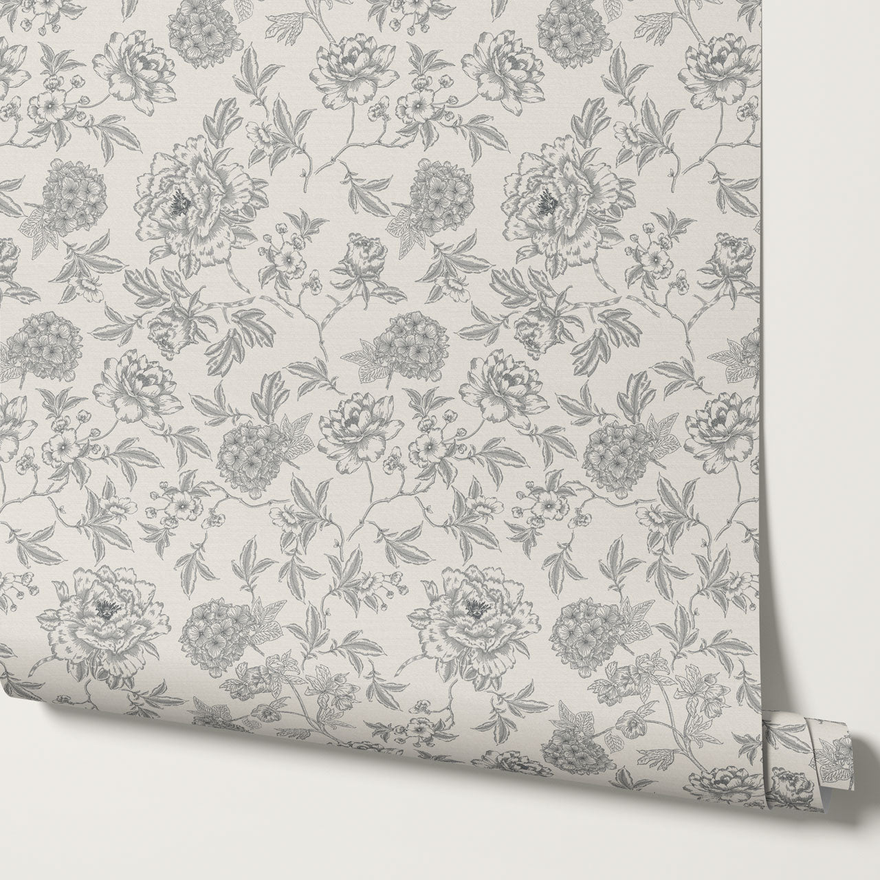 Vivienne Peony and Hydrangea Garden Gray Wallpaper