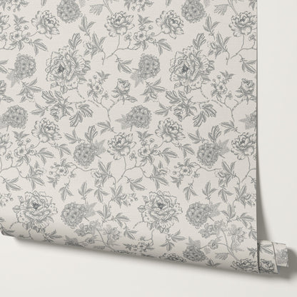 Vivienne Peony and Hydrangea Garden Gray Wallpaper