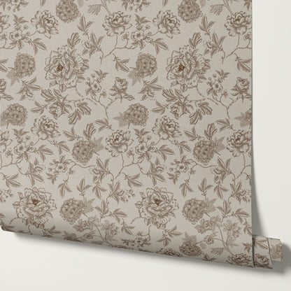 Vivienne Peony and Hydrangea Garden Tudor Brown Wallpaper