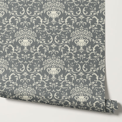 Vivienne Vase and Garland Slate Wallpaper