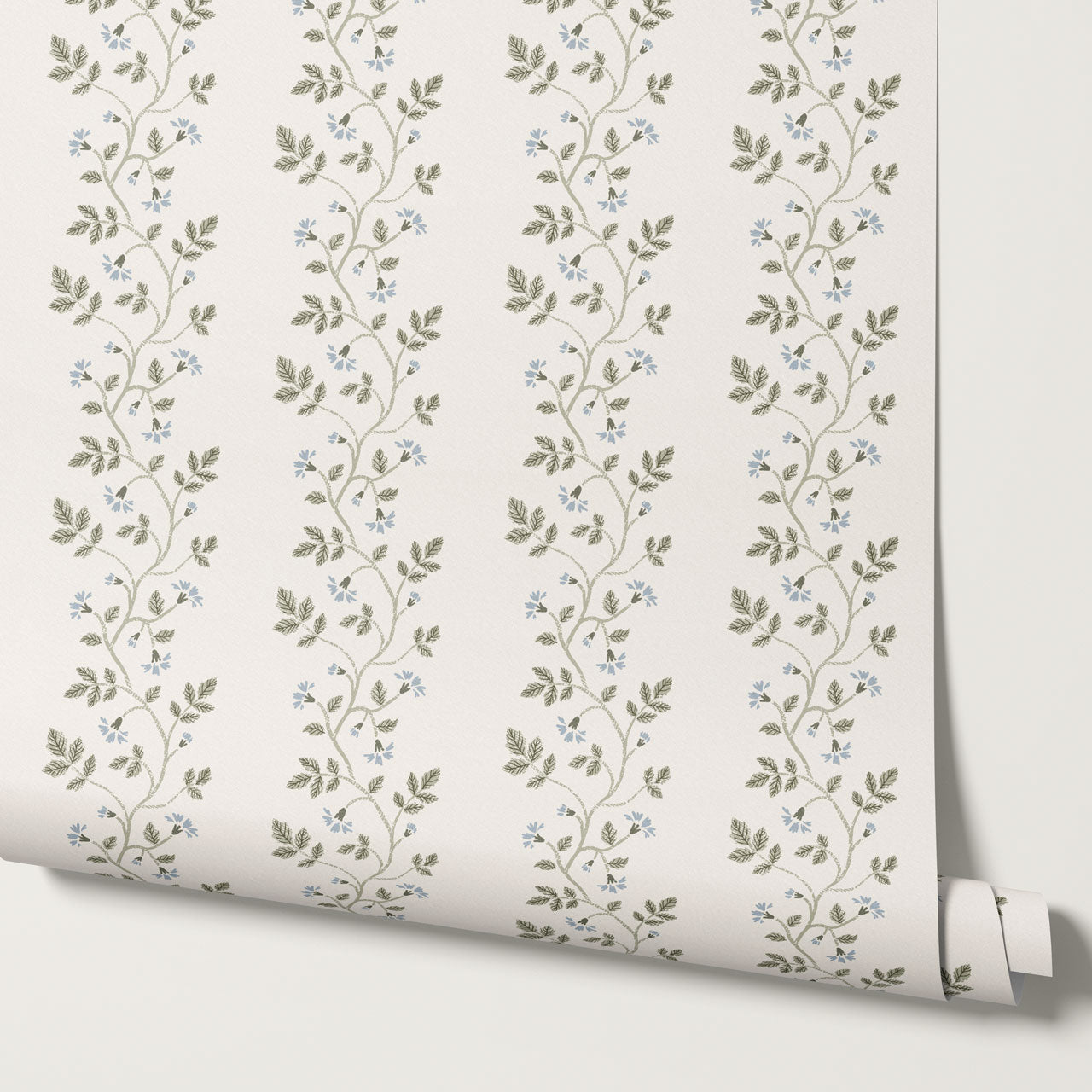 Wrenley Farmhouse Trailing Floral Stripes Blue Wallpaper