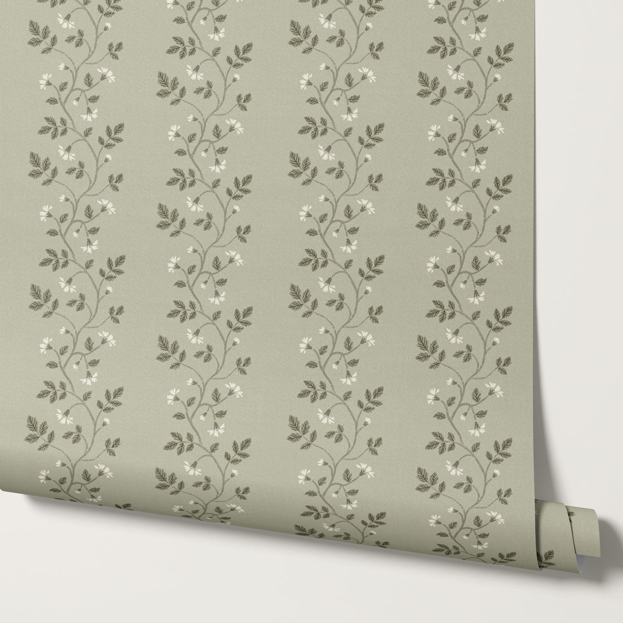 Wrenley Farmhouse Trailing Floral Stripes Sage Wallpaper