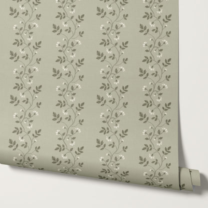 Wrenley Farmhouse Trailing Floral Stripes Sage Wallpaper