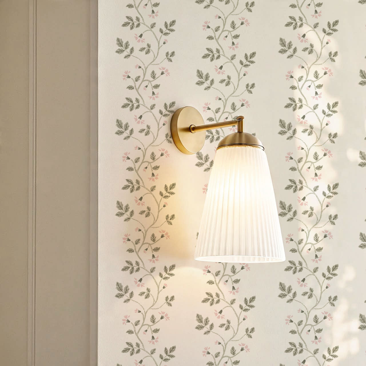 Wrenley Farmhouse Trailing Floral Stripes Pink Wallpaper