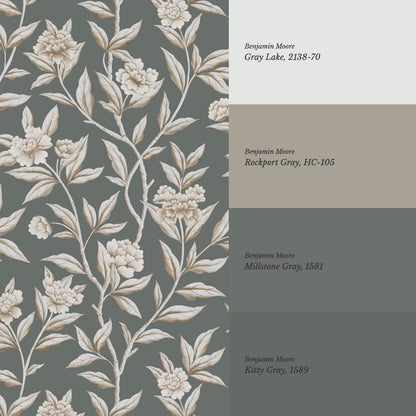 Yvette Peony Whisper Chinoiserie Deep Olive Taupe Wallpaper
