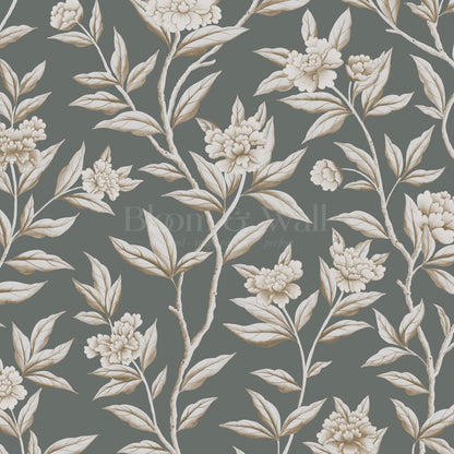 Yvette Peony Whisper Chinoiserie Deep Olive Taupe Wallpaper