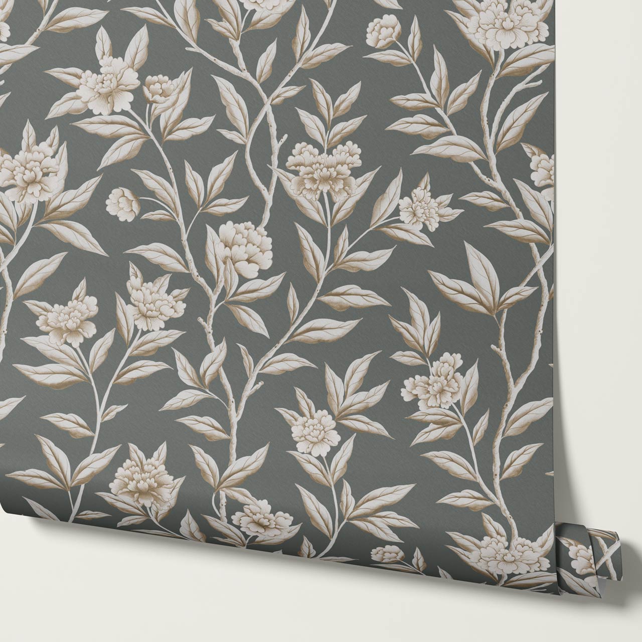Yvette Peony Whisper Chinoiserie Deep Olive Taupe Wallpaper