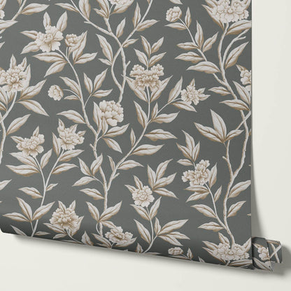 Yvette Peony Whisper Chinoiserie Deep Olive Taupe Wallpaper
