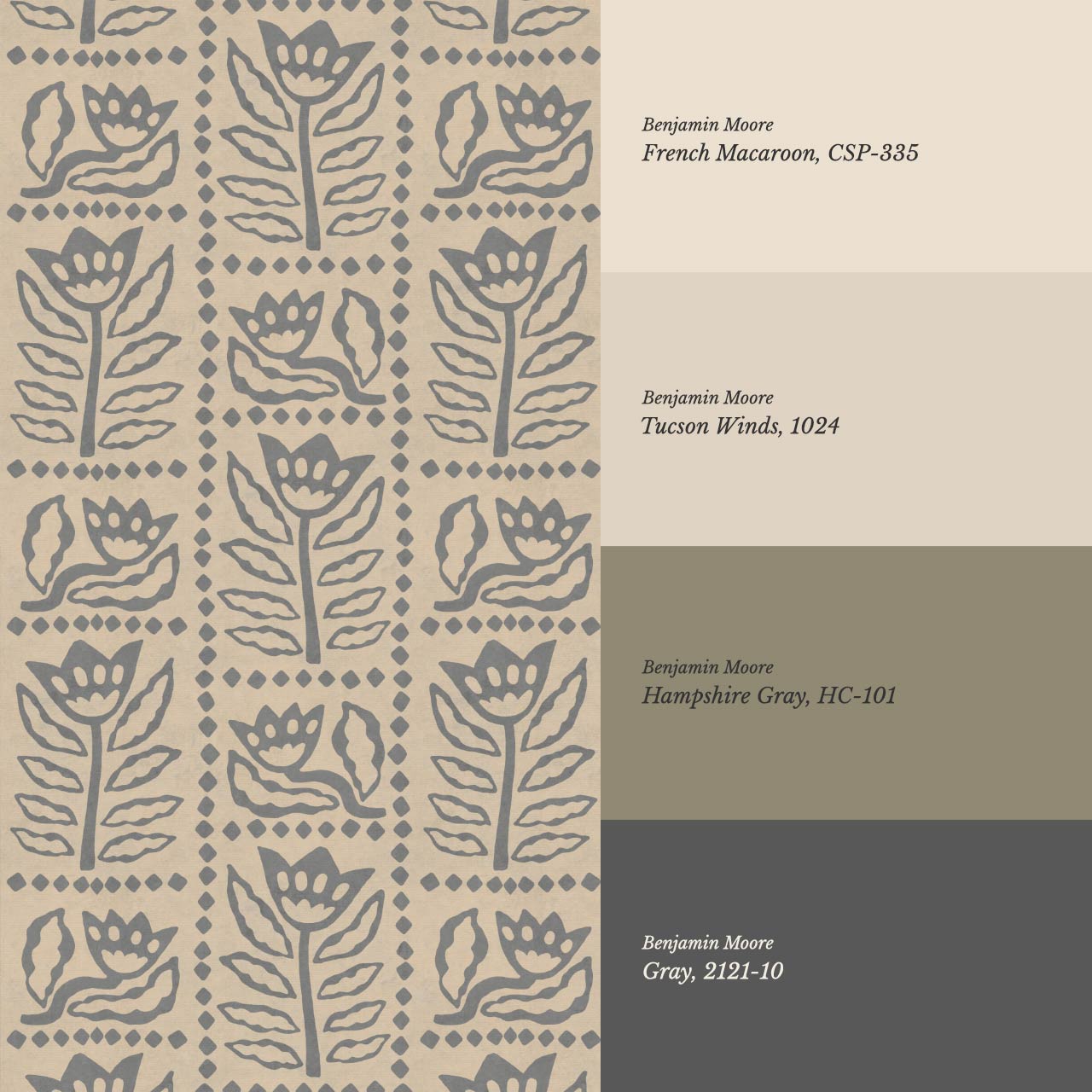 Zaira Floral Folk Art Grid Almond Gray Wallpaper