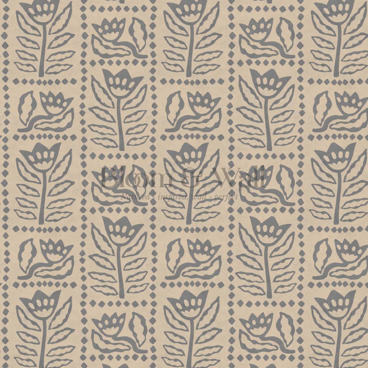 Zaira Floral Folk Art Grid Almond Gray Wallpaper