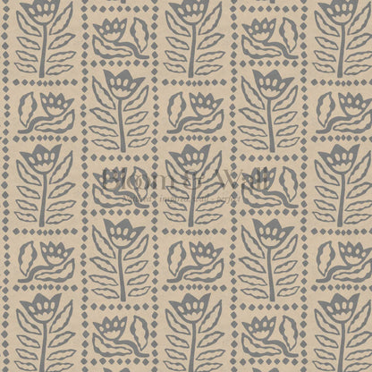 Zaira Floral Folk Art Grid Almond Gray Wallpaper