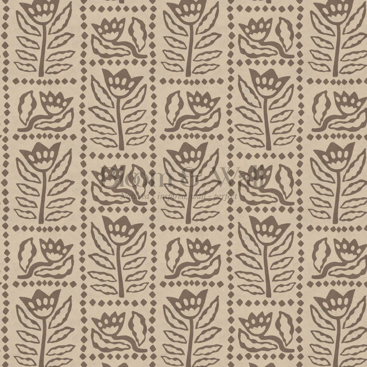 Zaira Floral Folk Art Grid Beige Cocoa Wallpaper