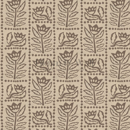 Zaira Floral Folk Art Grid Beige Cocoa Wallpaper