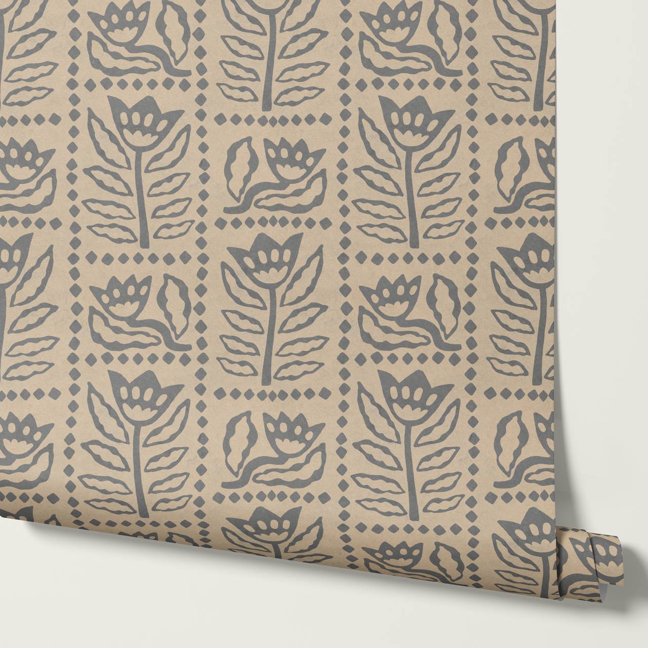 Zaira Floral Folk Art Grid Almond Gray Wallpaper