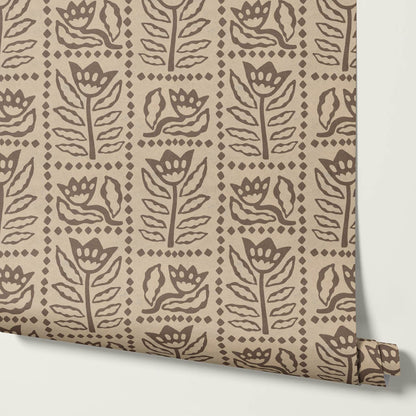 Zaira Floral Folk Art Grid Beige Cocoa Wallpaper