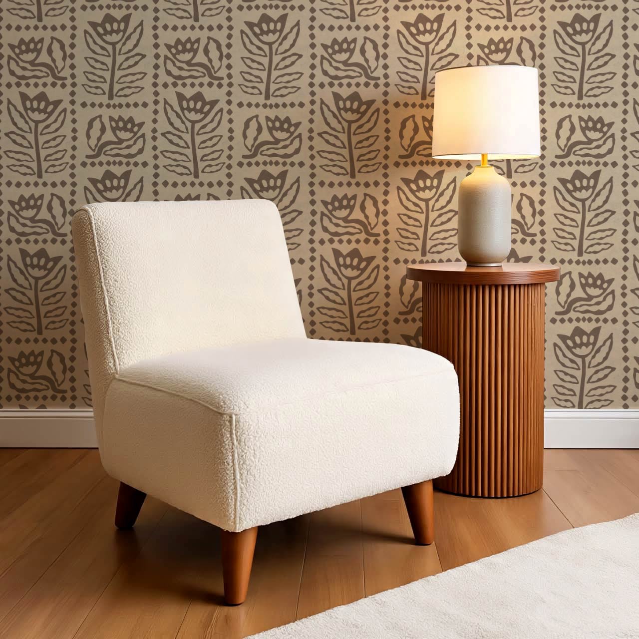 Zaira Floral Folk Art Grid Beige Cocoa Wallpaper