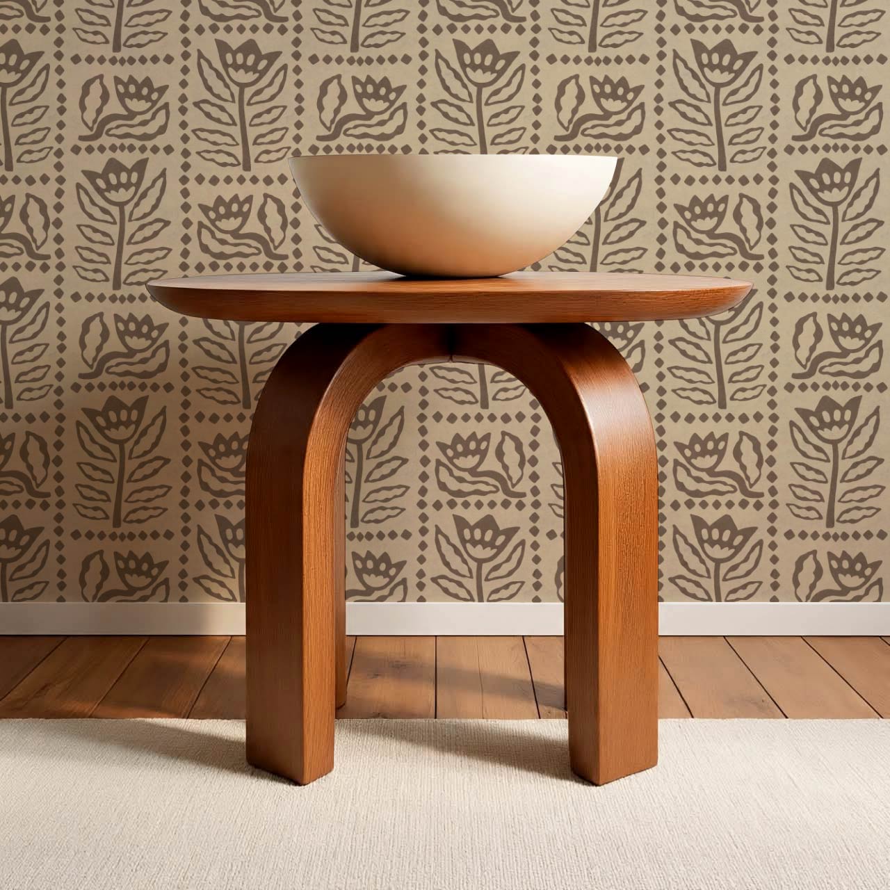 Zaira Floral Folk Art Grid Beige Cocoa Wallpaper