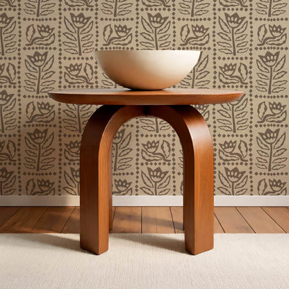Zaira Floral Folk Art Grid Beige Cocoa Wallpaper