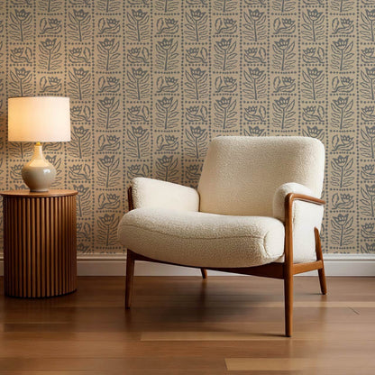 Zaira Floral Folk Art Grid Almond Gray Wallpaper