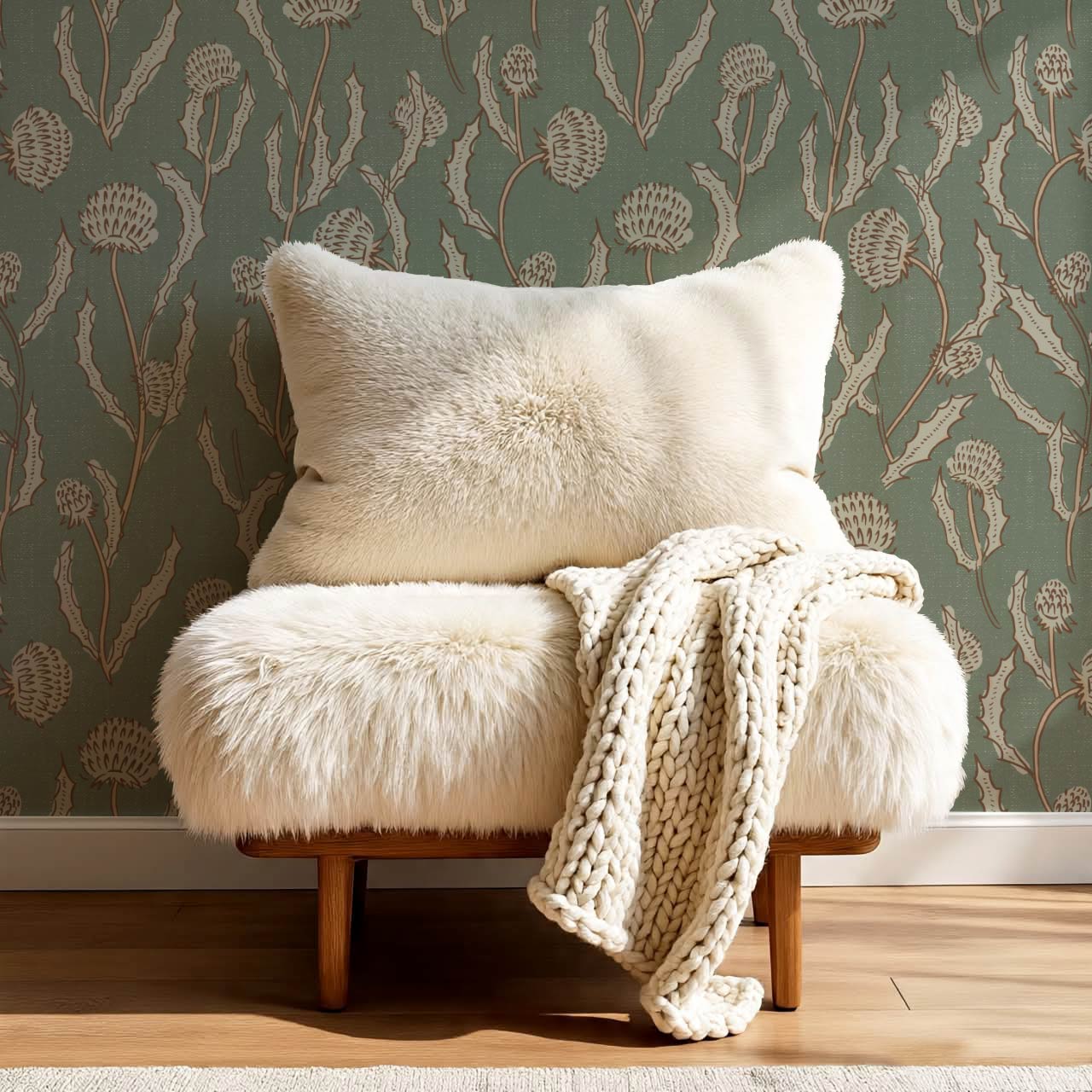 Zara Thistle Blooms Deep Sage Wallpaper