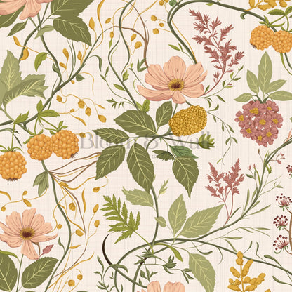 Zenaida Cosmea and Cloudberry Cream Ochre Blush Wallpaper