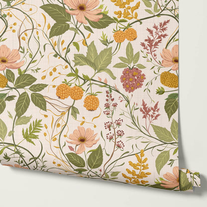 Zenaida Cosmea and Cloudberry Cream Ochre Blush Wallpaper