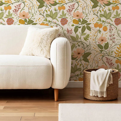 Zenaida Cosmea and Cloudberry Cream Ochre Blush Wallpaper